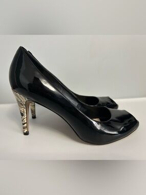 Capelli Rossi Black Patent Peep toe Pumps with Marbled Gold-Tone Heel